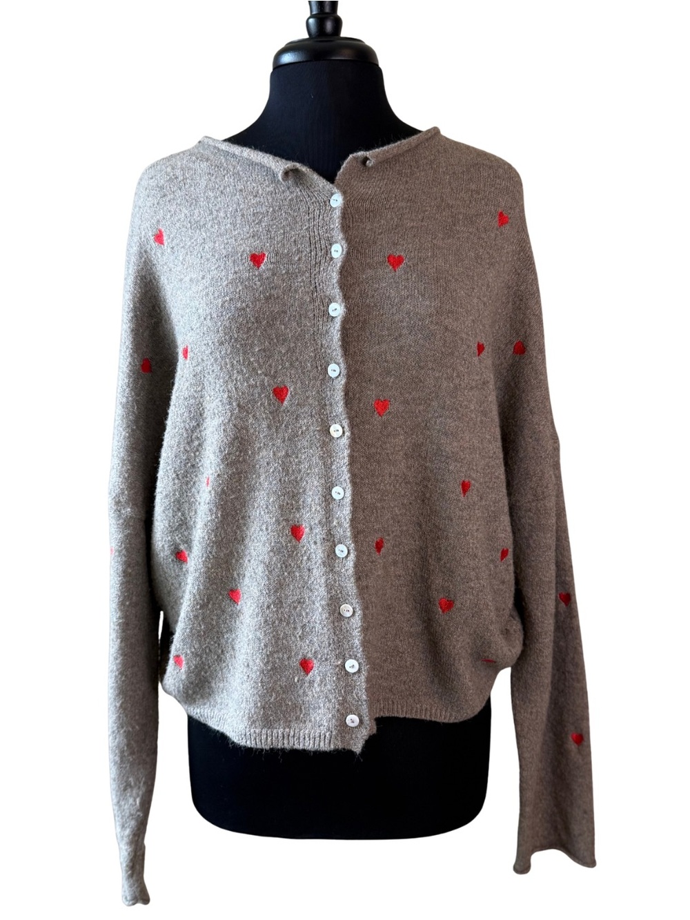 THINGS BETWEEN Hearts Embroidered Cardigan Sweater Size Large Tan Brown